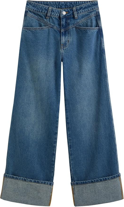 CIDER Women’s Baggy Jeans Straight Wide Leg High Waisted Fold Hem Denim Pants with Pockets | Amazon (US)