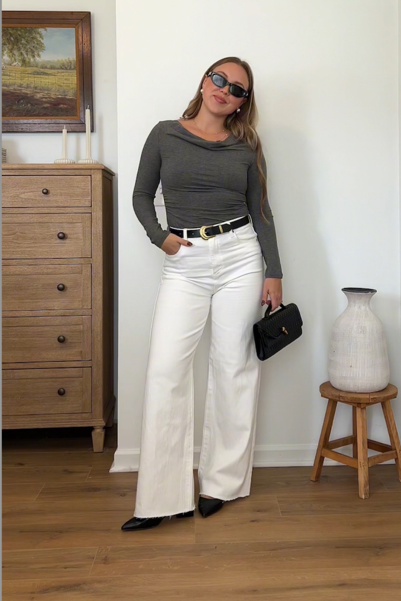 A way to style your white jeans for fall! Wearing 27 in jeans, small top!

White wide leg pants, black accessories, leather, sunglasses, fall fashion, amazon finds, pearl earrings, gold jewelry, belt, neutral look, chic style, casual workwear, kitten heelss

#LTKStyleTip #LTKWorkwear #LTKItBag