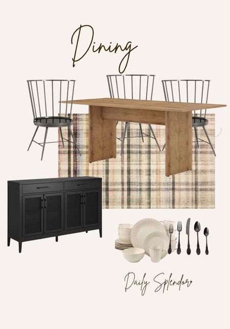 Fall dining room 

Plaid area rug, plaid rug, modern rustic decor, cream plates, black silverware, buffet, black dining chairs 

#LTKhome #LTKSeasonal #LTKfamily