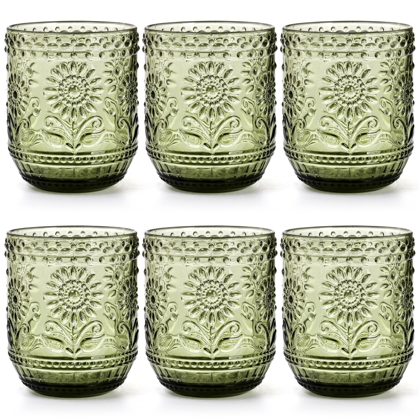 Hacaroa Set of 6 Vintage Drinking Glasses, 12 Oz Green Colored Glassware Floral Embossed Water Gl... | Amazon (US)