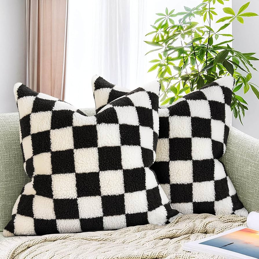 AmHoo Pack of 2 Decorative Throw Pillow Covers Checkerboard Luxury Super Soft Faux Fur Wool Set C... | Amazon (US)