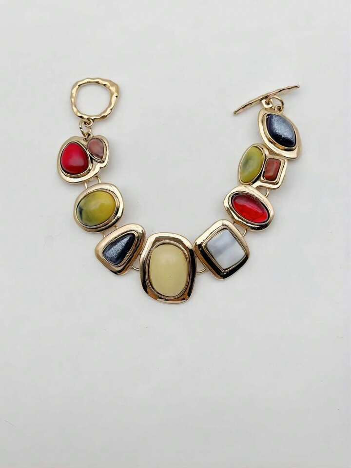 1pc European And American Retro Style Zinc Alloy Inlaid Multicolor Geometric Resin Gemstones Simple And High-End Vintage Bracelet, Suitable For Women, Casual And Vacation, Memorial Day Gift | SHEIN