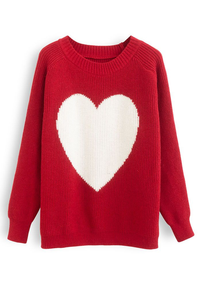 One Heart Rib Knit Oversized Sweater in Red | Chicwish