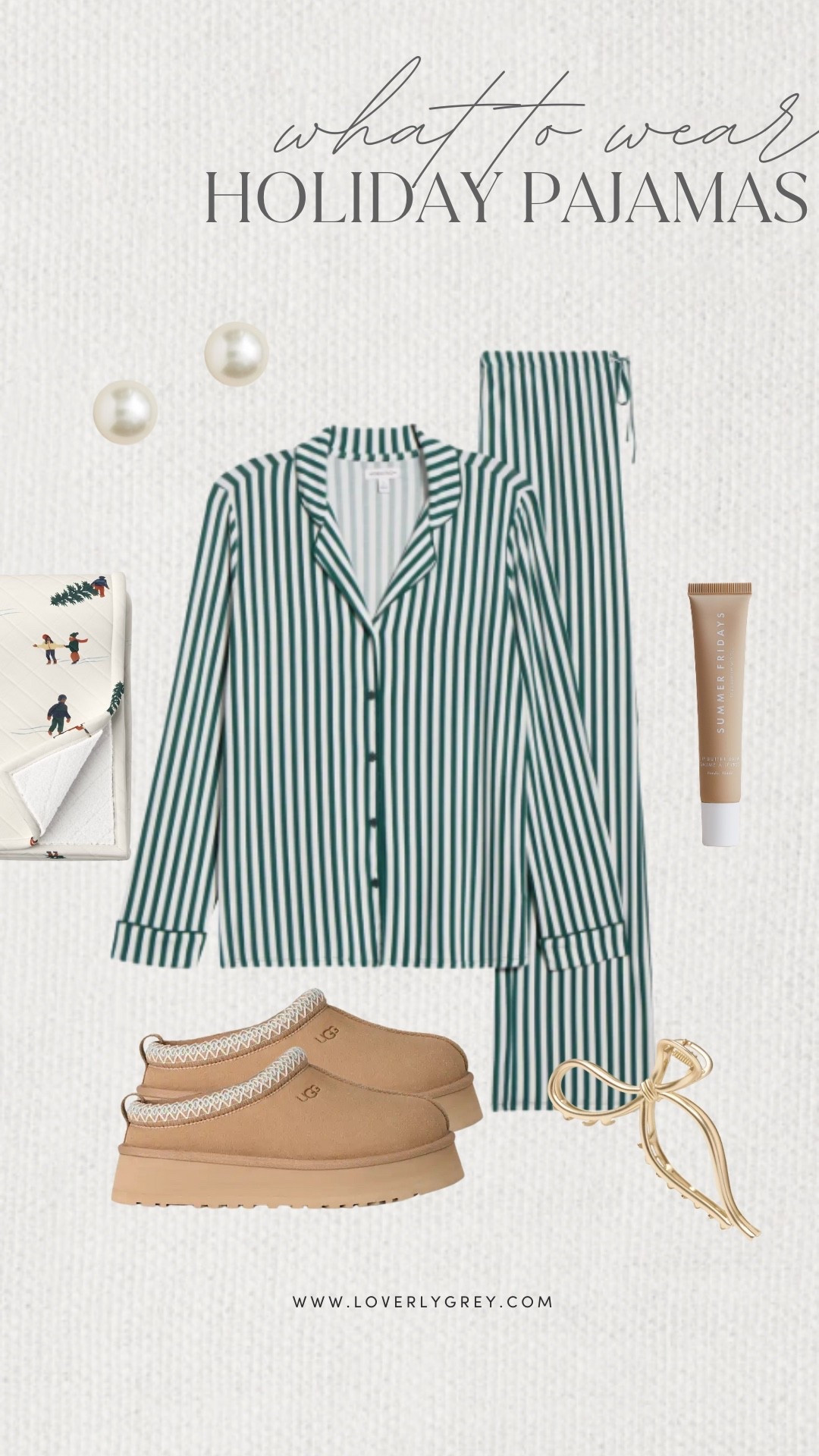 Loverly Grey, what to wear on Christmas! These striped green pajamas are perfect for the holiday! You can wear UGGS, toss your hair back with the gold bow claw clip, and add pearl stud earrings. Curl up with the cutest festive blanket and enjoy the holiday! Loverly Grey, what to wear, holiday pajamas 

#LTKootd #LTKHoliday #LTKSeasonal
