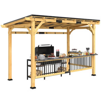 Outsunny 13' x 6' Wooden Grill Gazebo, Hardtop Outdoor BBQ Gazebo with with Metal Roof, 2 Bar Shelves and 6 Hooks for Patio, Deck, Yard, Natural | Target