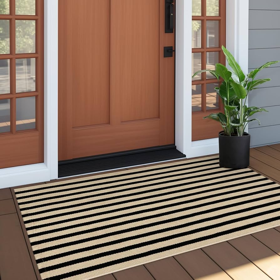 OJIA Outdoor Porch Rug Front Door Mat 24"x51", Washable Black and Tan Striped Outdoor Rugs Front ... | Amazon (US)