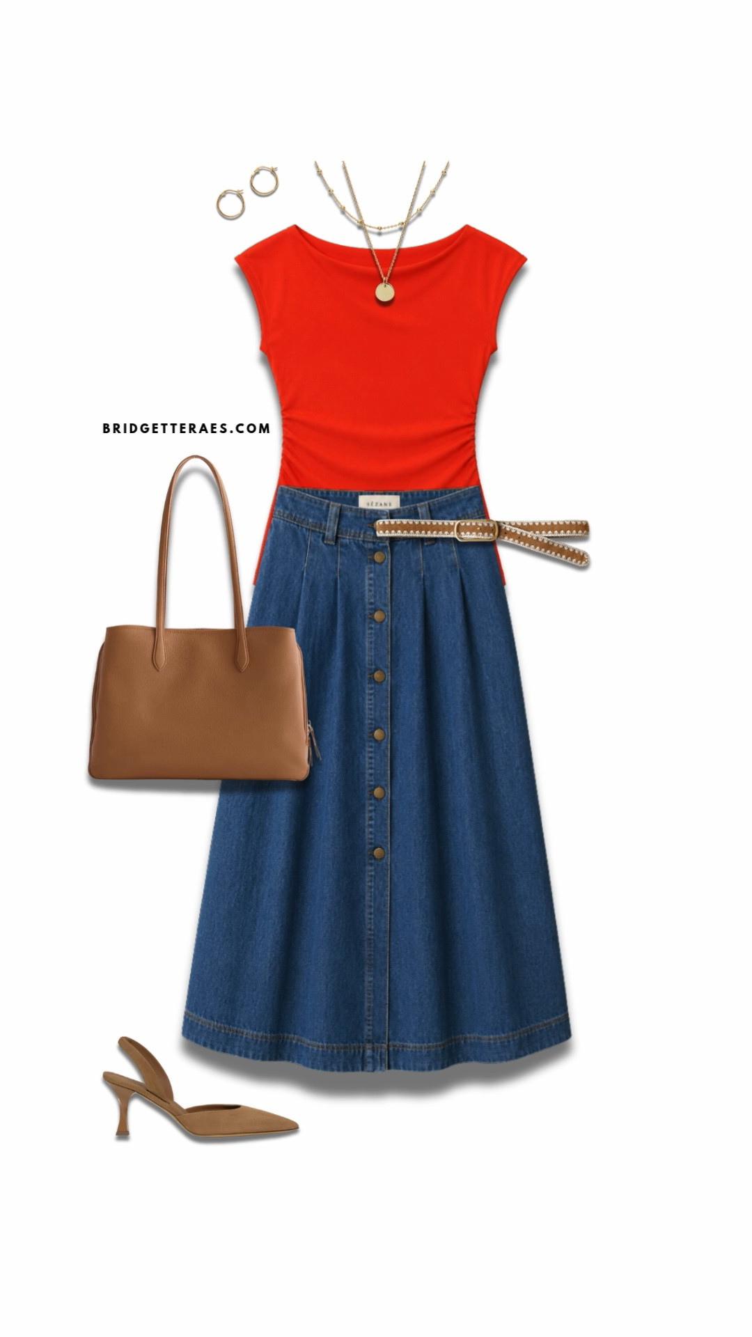This outfit is proof that vibrant color can feel every bit as polished as a traditional neutral when paired with thoughtful, sophisticated pieces. The bold red-orange top immediately commands attention, bringing energy, confidence, and executive presence, while the structured denim midi skirt grounds the look with timeless versatility and modern professionalism. The full silhouette of the skirt creates beautiful movement while maintaining a refined, office-appropriate feel, and the woven belt adds texture and definition that subtly highlights the waist. Warm cognac accessories—including the sleek tote and elegant slingback heels—soften the brightness of the top and create a cohesive, elevated color story that feels intentional rather than trendy. Delicate gold jewelry provides just the right amount of polish without competing with the outfit’s statement-making color palette. This is the perfect look for leaders who want to stand out with confidence while remaining approachable and authentic—a powerful blend of professionalism, personality, and effortless style that transitions seamlessly from client meetings and presentations to networking events and after-work engagements.

#LTKgrwm #LTKootd #LTKWorkwear