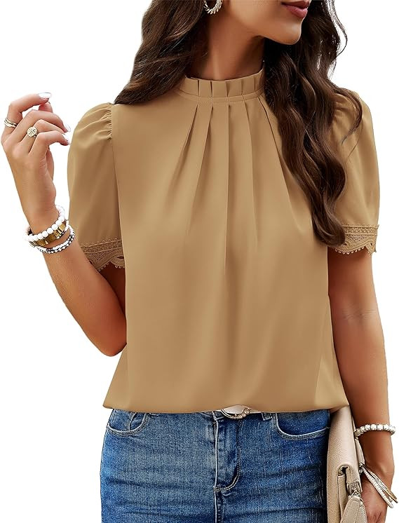 BTFBM Women Blouses 2026 Dressy Casual Summer Tops Mock Neck Lace Trim Short Sleeve Business Work... | Amazon (US)