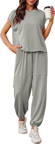 Glamaker Women's Fall Fashion Crewneck Sweatsuit 2 Piece Outfit Loose Fit Sleeveless High Waist P... | Amazon (US)