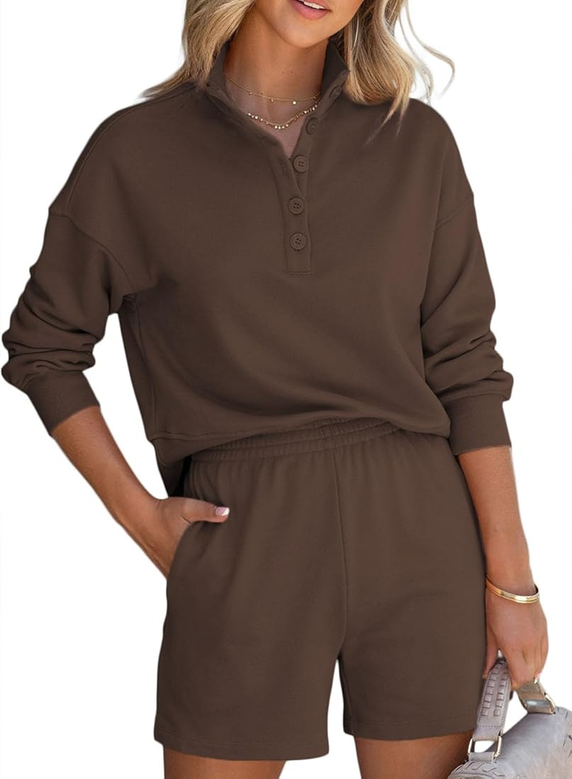 Aleumdr Women 2 Piece Outfits Sweatsuit 2023 Fashion Long Sleeve V Neck Button Down Pullover and ... | Amazon (US)