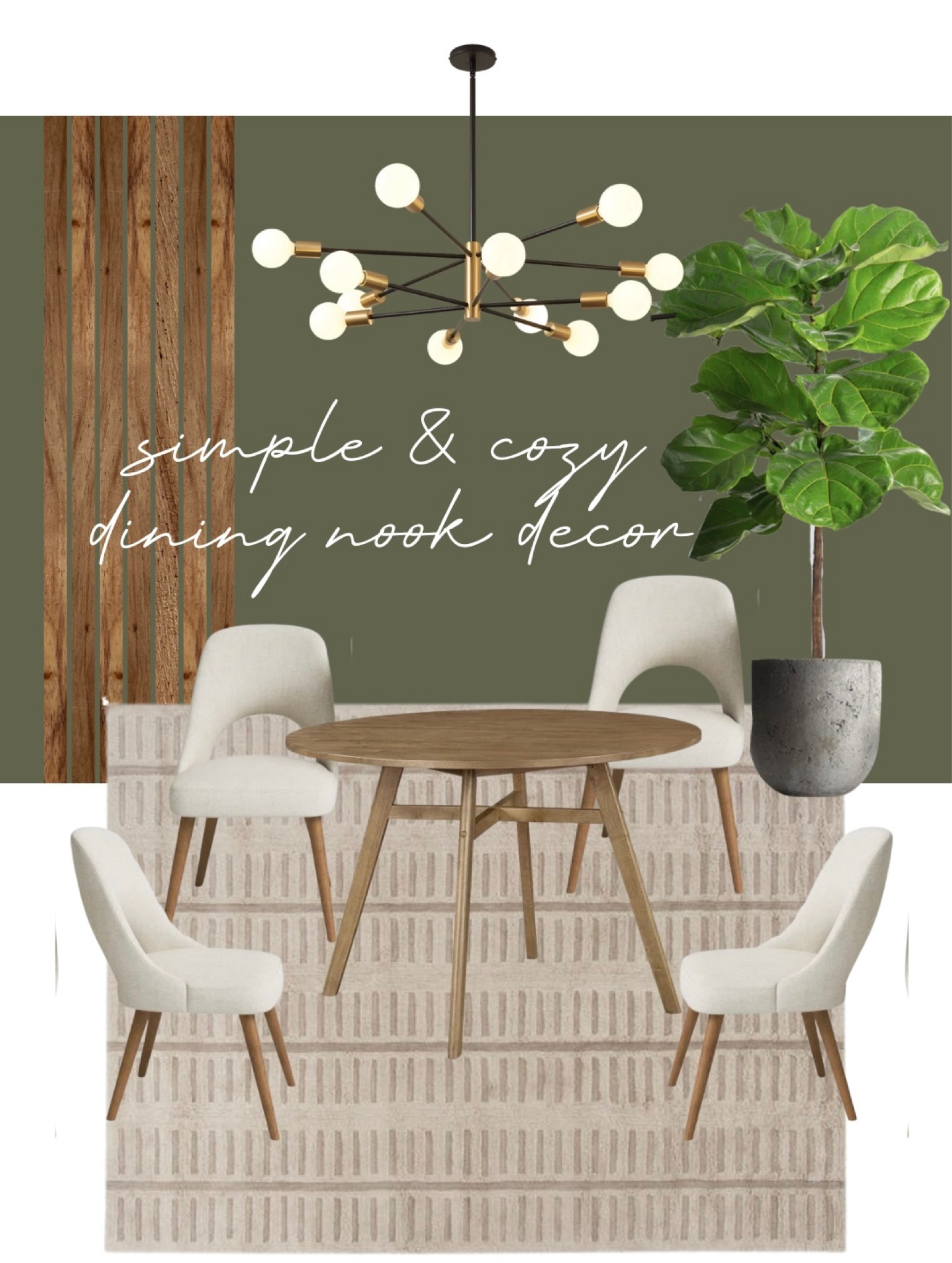 Simple but cozy dining nook decor! I’ve been trying to decide what to do with our tiny dining nook and since it’s such a small space adding a lot of decor felt overwhelming and cluttered. Opting for something more simple but adding a cozy green wall with wood slats paired with natural wood tones and lighter earthy fabrics felt like the best way to create an elevated but simple space. 

The best part is all of these items are SUPER affordable! 

The rug is from REVIVAL rugs and right now you can use code “10off-DEWDROPJUNGLE” for 10% off your order!

#LTKfindsunder100 #LTKhome #LTKsalealert