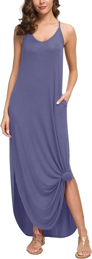 ANIXAY Women's Summer V Neck Long Cami Casual Beach Cover Up Maxi Dresses with Pocket | Amazon (US)