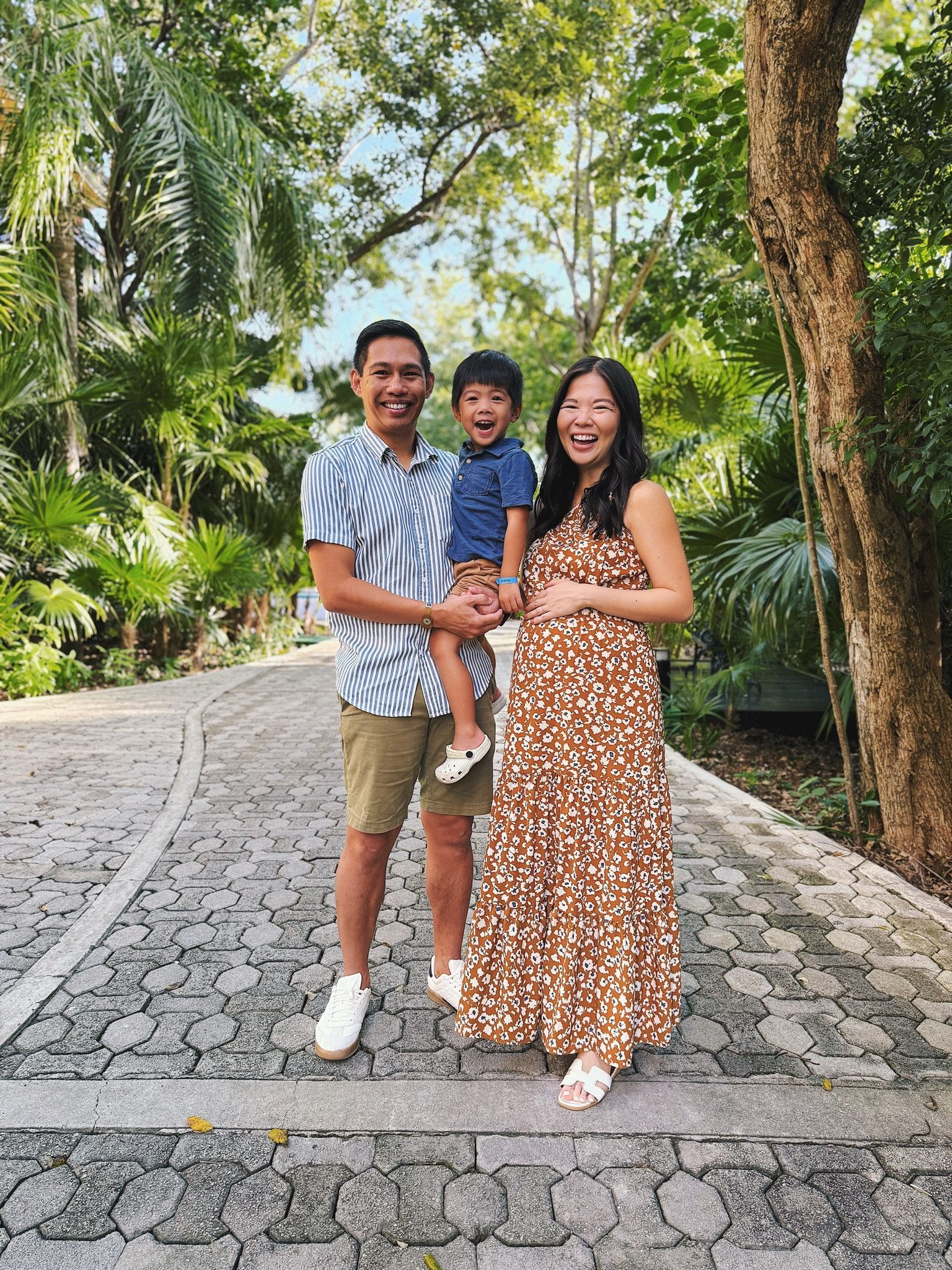 Brown one shoulder dress (S)
White sandals 
Men’s striped shirt (S)
Men’s green shorts
Men’s white sneakers (TTS)
Toddler polo
Toddler outfit
Toddler Crocs

#LTKFamily #LTKTravel #LTKBump