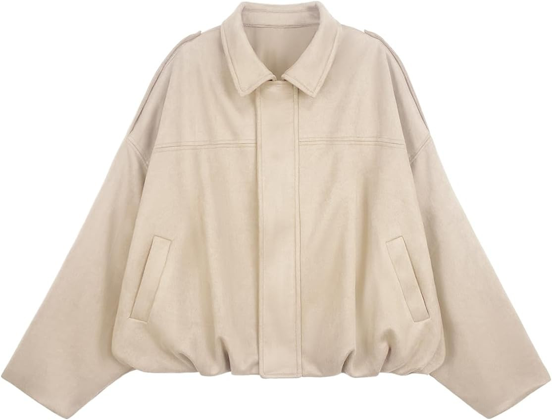 Womens Bomber Jacket Faux Suede Casual Cropped Pilot Coat Lapel Collar Causal Oversized Trendy Ou... | Amazon (US)