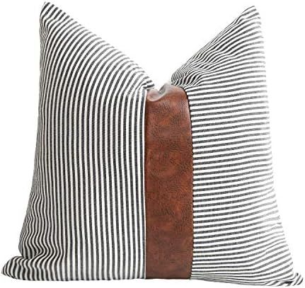Merrycolor Farmhouse Decorative Throw Pillow Covers for Couch Stripe Faux Leather Accent Pillow Cove | Amazon (US)