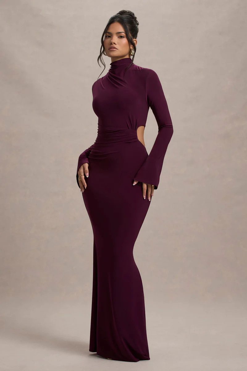 Anderson | Burgundy High-Neck Cut-Out Maxi Dress | Club L London