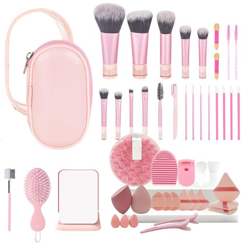 Travel Makeup Brush Set, 77Pcs Mini Makeup Kit Synthetic Foundation Concealers Eye Shadows Brushes Powder Puff with Eyelash Curler Eyebrow Razor Comb Mirror Hair Clips Cosmetic Bag (Pink) | Amazon (US)