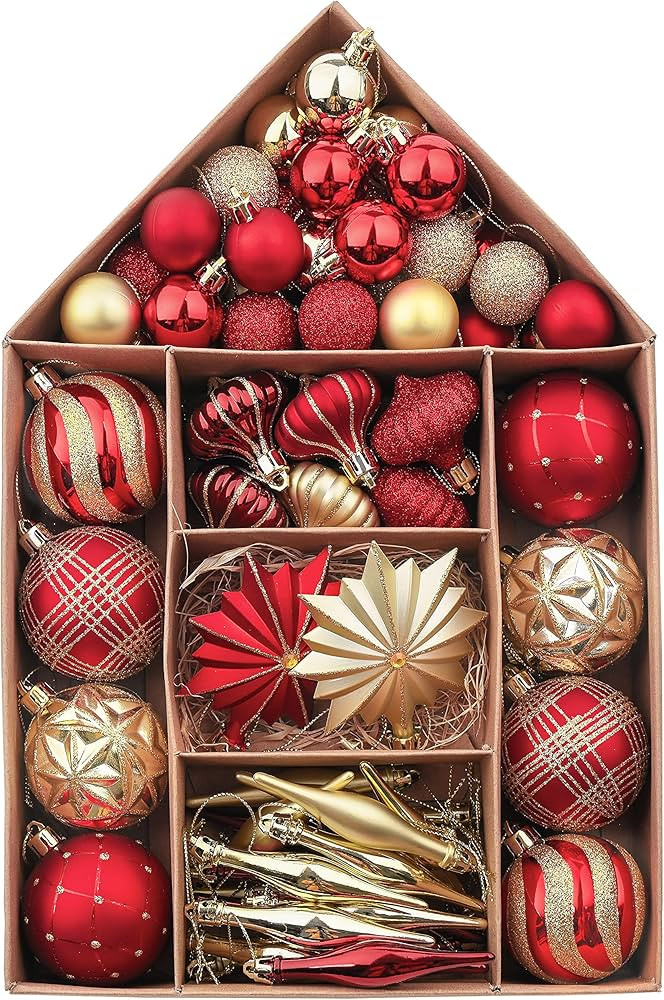 Valery Madelyn 70pcs 3-9cm Shatterproof Christmas Baubles Pack, Traditional Red and Gold Christma... | Amazon (UK)