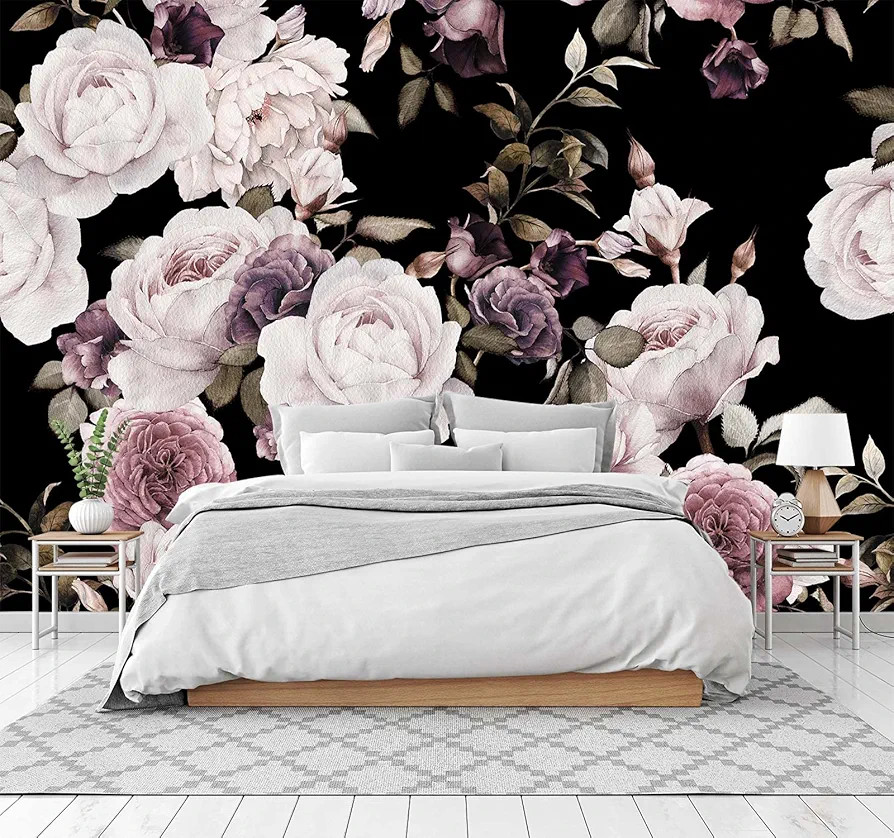 Cliouar-Peony Flowers Wall Mural Wallpaper for Bedroom Living Room Purple Flower Wallpaper Rose M... | Amazon (US)