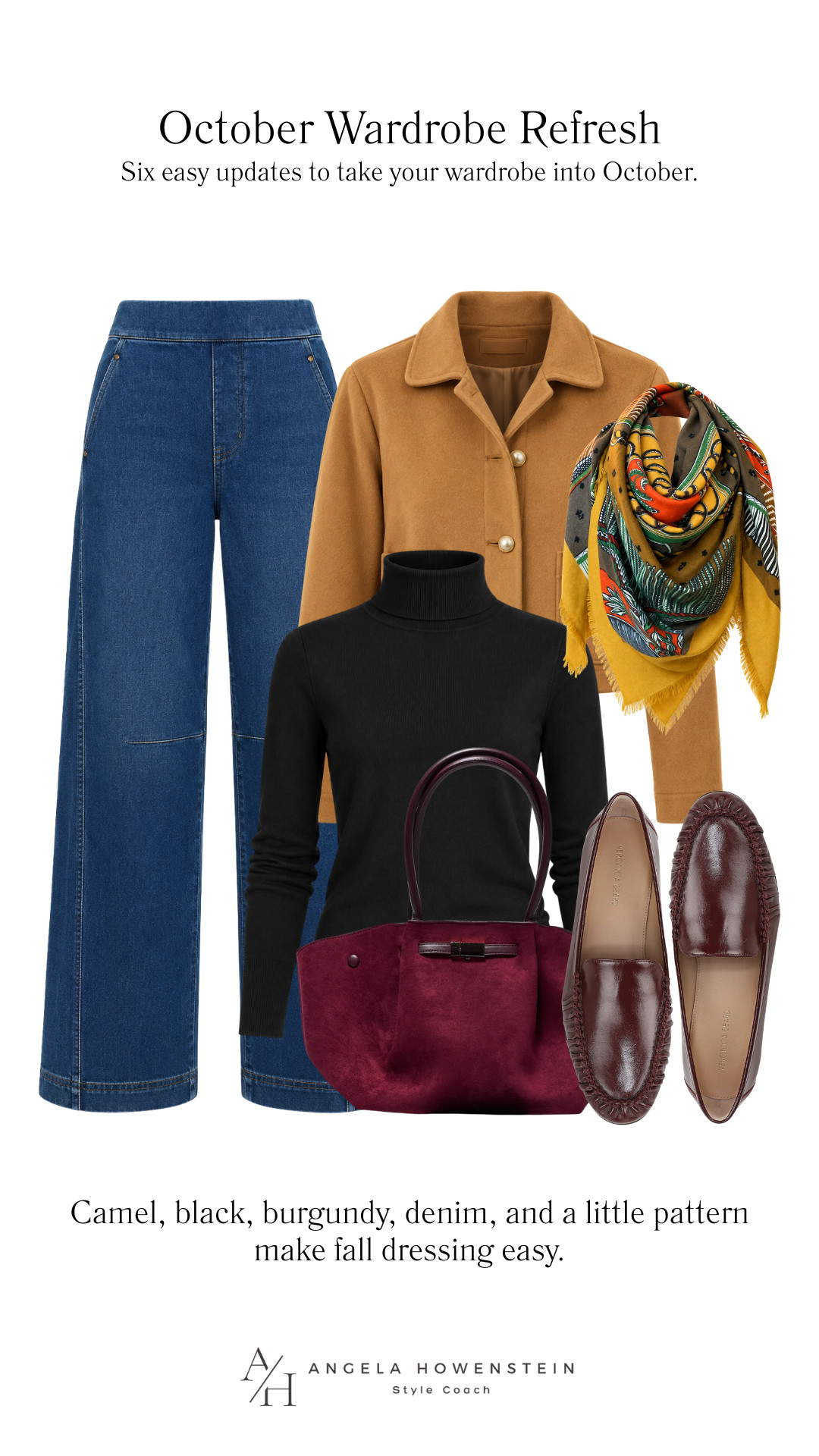 My October wardrobe refresh: six easy pieces that instantly make your closet feel more fall. Think wide-leg denim, a camel jacket, black turtleneck, burgundy accessories, and a beautiful printed scarf, classic updates you can mix into what you already own. 🍂

👩‍💻 LTK PRO TIPS
❤️ Heart = Support my posts ;-)
🔖 Save = Get sale & restock alerts for the things you love!
📋 Lists = Keep favorites organized (List ideas: Christmas, Birthdays, and Vacations!)
📲 Share = Send lists and products to a friend (or your daughters like me).
💬 Comment = Ask me anything, and I’ll answer. ;-) 

 #LTKootd #LTKSeasonal #LTKOver40