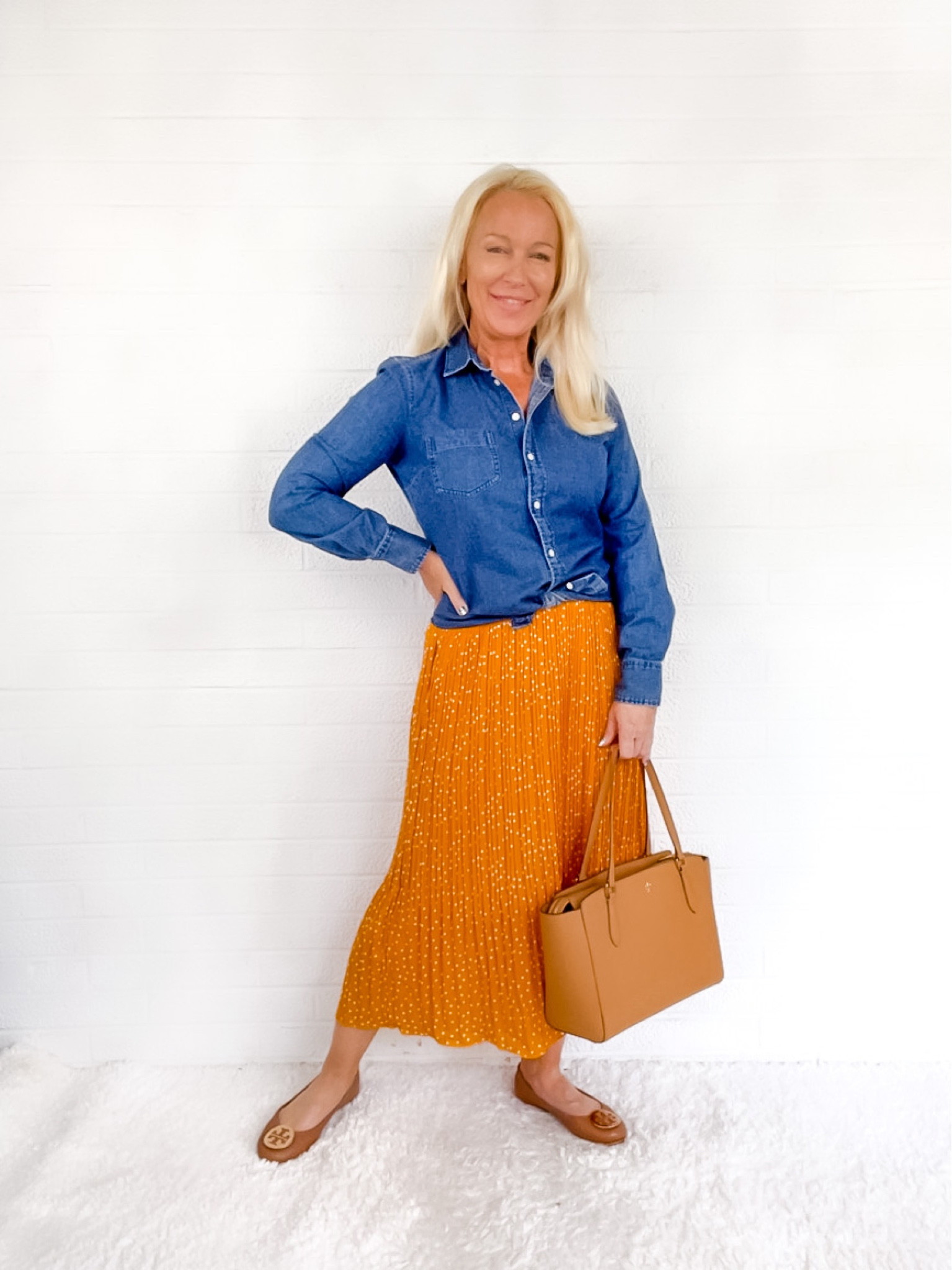 Amazon Favorite! Fall Outfit / Fall Fashion / Work Wear / Teacher Outfit. 5’1 4P:
- Denim Shirt SP
- Orange Pleated Skirt S
- Tory Burch Ballet Flats

#LTKworkwear #LTKSeasonal #LTKunder50