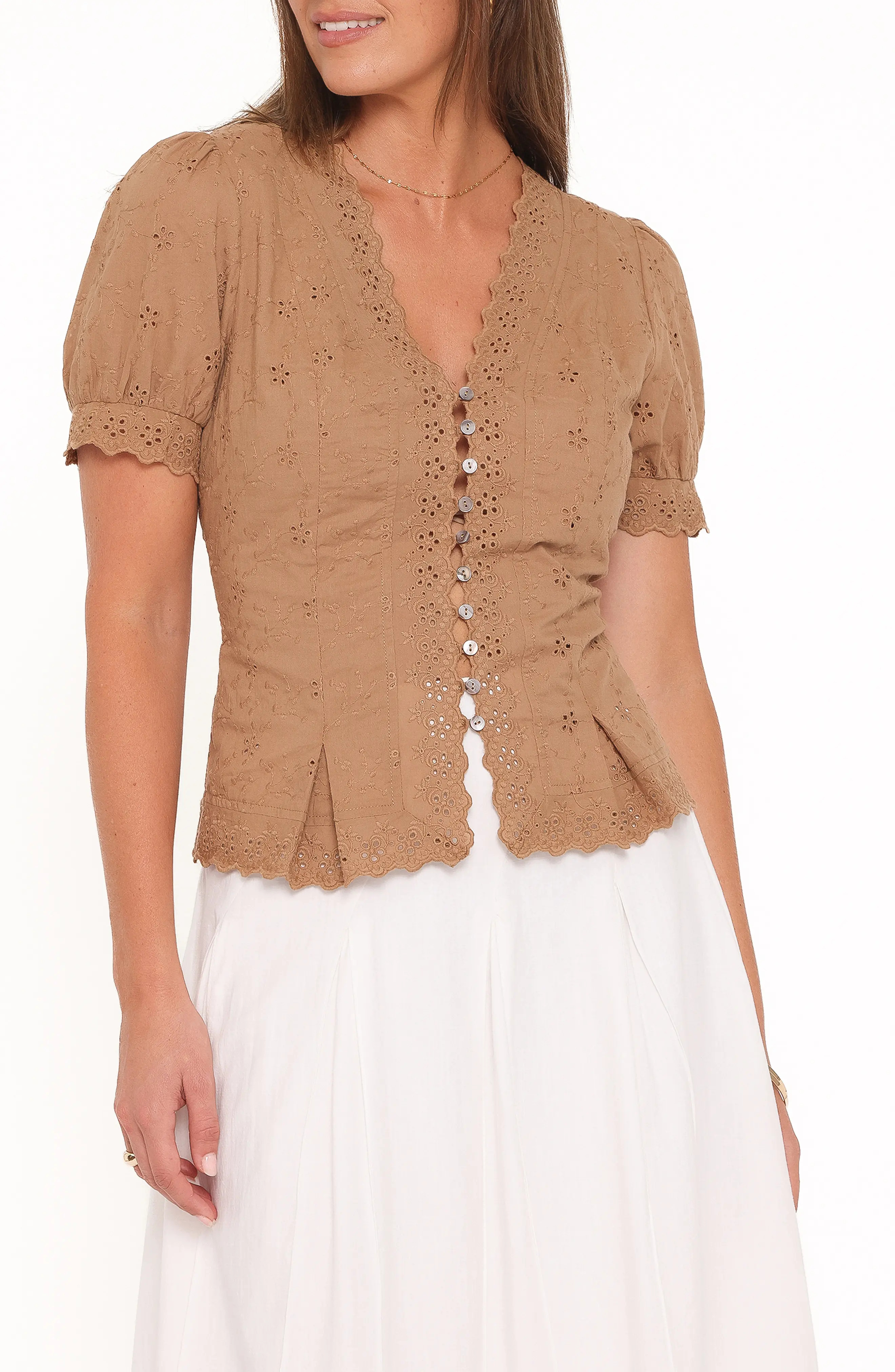 Petal & Pup Lorraine Eyelet Puff Shoulder Top in Brown at Nordstrom, Size Small | Nordstrom