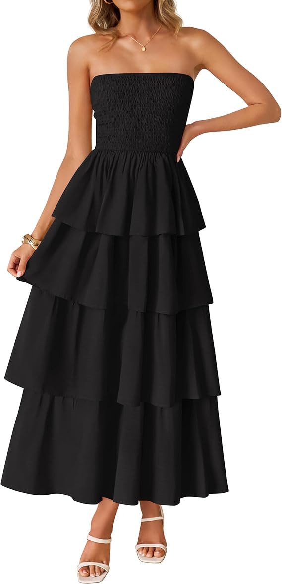 ZESICA Women‘s Summer Boho Strapless Maxi Dress 2025 Casual Sleeveless Off Shoulder Smocked Tie... | Amazon (US)