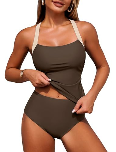 ZAFUL Womens Tankini Bathing Suits Two Piece Swimsuits Ruched Tummy Control Swimsuit Tankini Top with High Waisted Bottom Brown Beige S | Amazon (US)