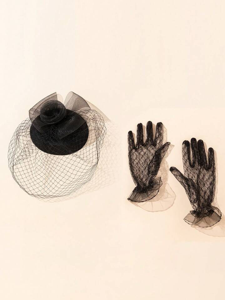 1pc Women Fashion Mesh Flower Decor Elegant Hat & 1Pair Full Finger Gloves For Party Halloween | SHEIN