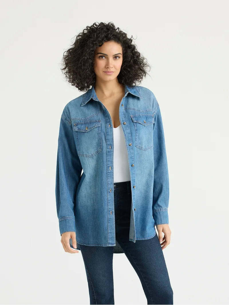 Sofia by Sofia Vergara Women's and Women's Plus Sofia Oversized Boyfriend Shirt with Long Sleeves... | Walmart (US)