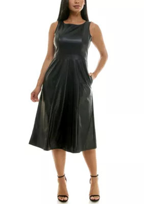 Nina Leonard Women's Pleated Pleather Pocket Dress, Black | Belk