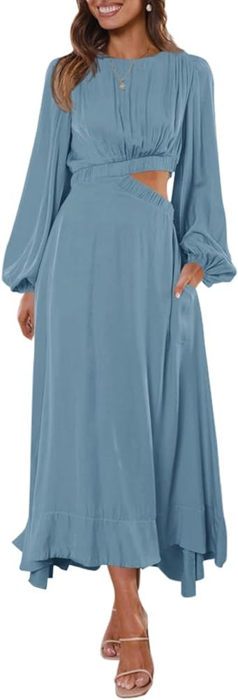 Fisoew Women's Long Sleeve Midi Dress Cutout Elastic High Waist A Line Maxi Party Dress with Pock... | Amazon (US)