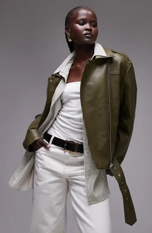 Topshop Faux Leather Moto Jacket in Dark Green/Dark Green at Nordstrom, Size Small | Nordstrom