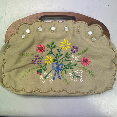 Vintage Bermuda Handbag with Embroidered Detailing and Wooden Handles | eBay US
