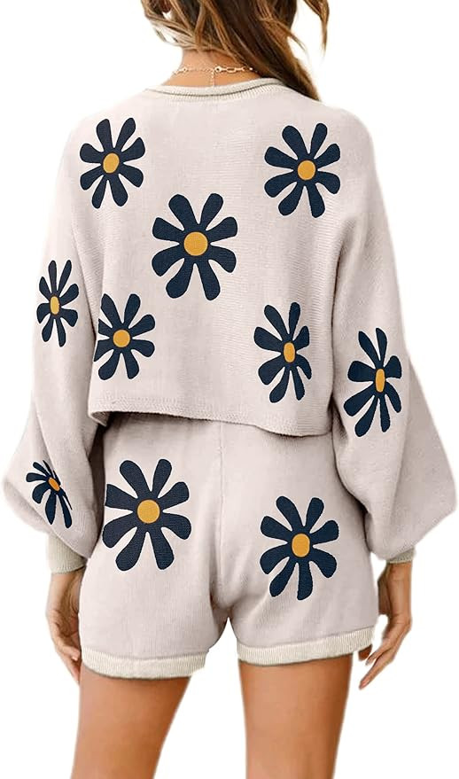 Ekouaer Knit Pajamas Set for Women Lounge Sets Long Puff Sleeve Top and Shorts 2 Piece Outfits Sw... | Amazon (US)