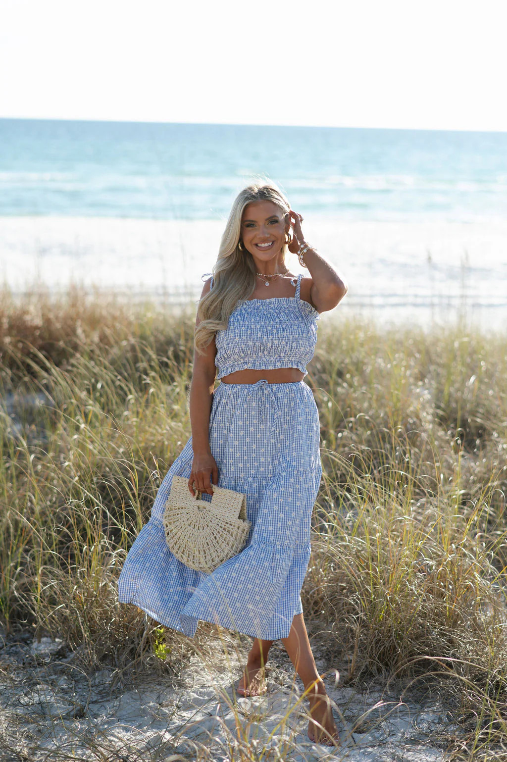 Flower Gingham Skirt Set-Blue | These Three