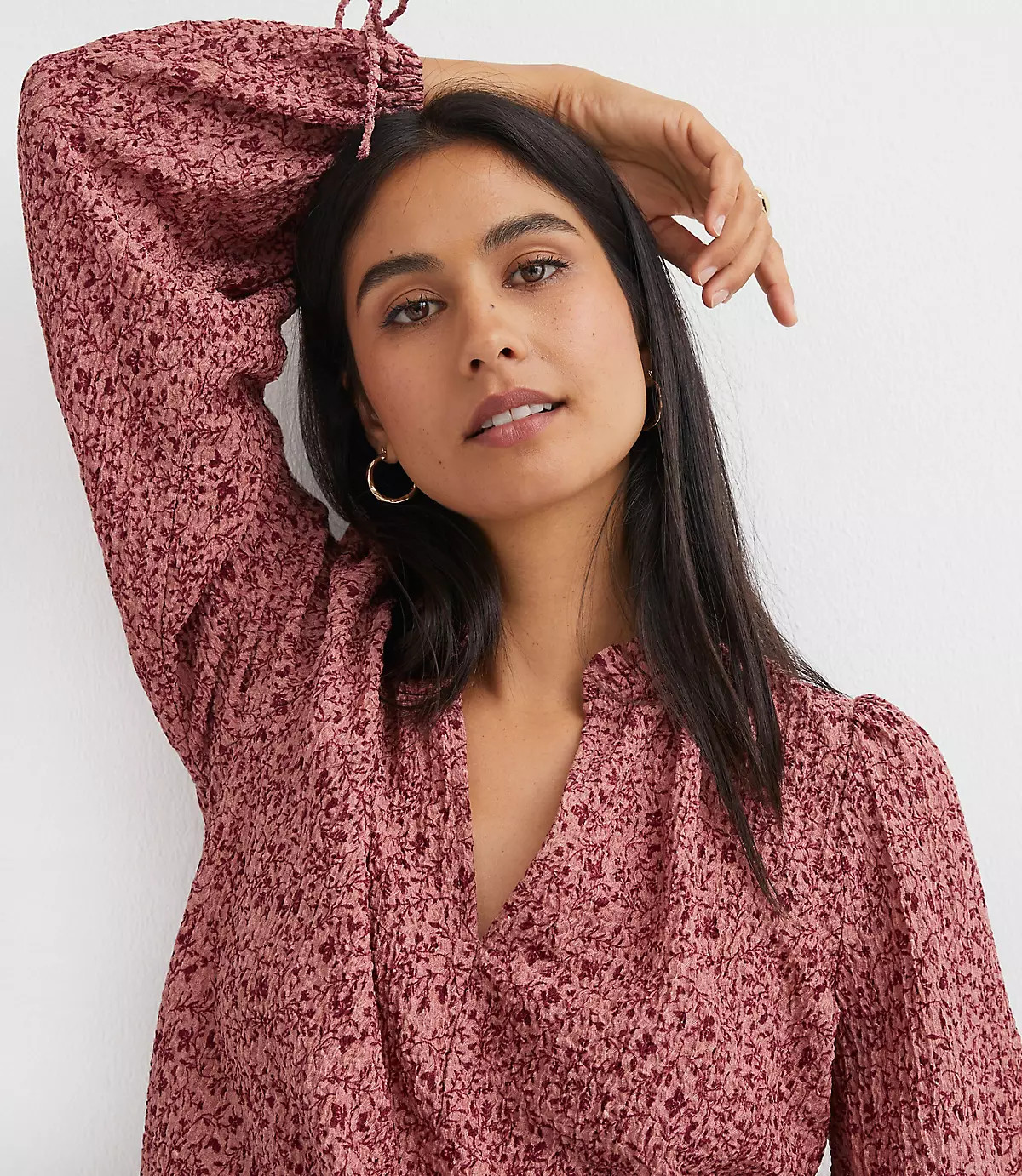 Floral Ruffle Tie Cuff Top | LOFT