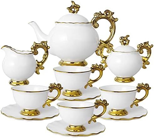 fanquare 15 Piece Vintage Porcelain Tea Set for 6, White Large Tea Cups Set, Tea Party Set for Ad... | Amazon (US)