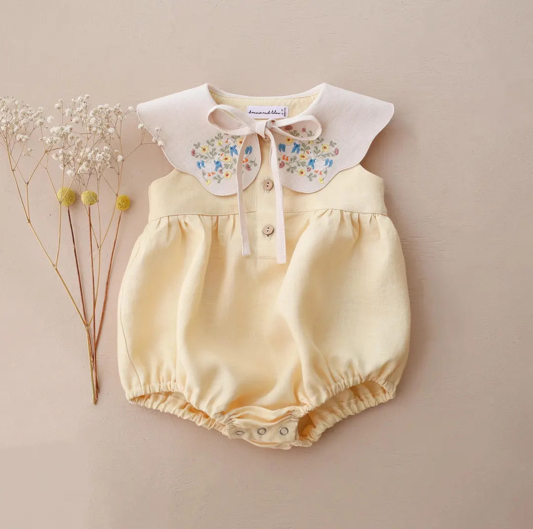 Baby Bubble Romper in BUTTERCUP & IVORY Linen With Embroidered Petal Collar "geese in Flowers", O... | Etsy (US)