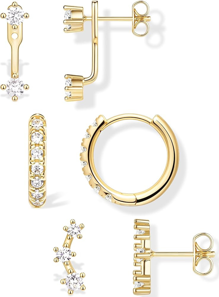 Trendy Small Earrings Stack for Women, 3 Pairs Gold Plated Hypoallergenic Dainty Cute Stud Huggie... | Amazon (US)