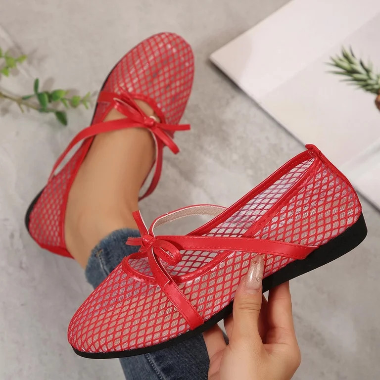 Women Woven Mesh Ballet Flats Raffia Lace up Ballerina Mary Jane Flats Fashion Casual Slip on Sho... | Walmart (US)