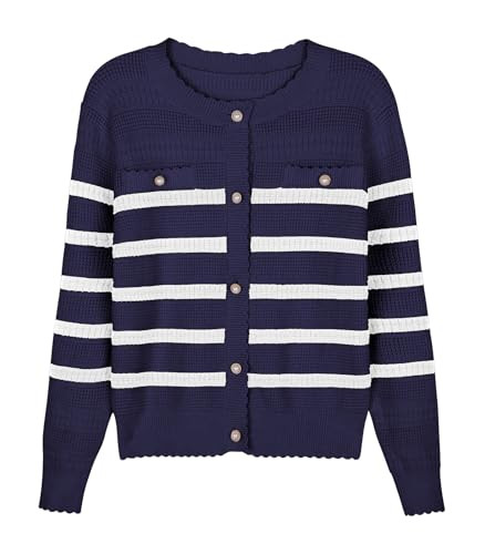 V FOR CITY Women's Striped Cardigan Sweaters Button Down Crew Neck Long Sleeve Tweed Knit Outerwear 2024 Winter Navy X-Large | Amazon (US)