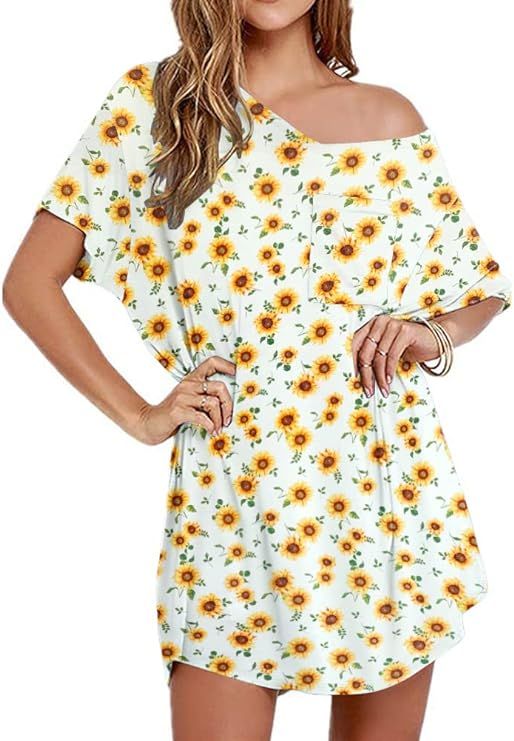 Ekouaer Womens Tshirt Nightgown Cotton V Neck Sleepshirts Comfy Casual Nightshirt for Women      ... | Amazon (US)