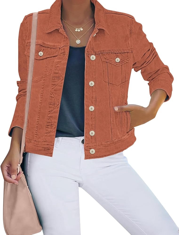 luvamia Women's Basic Button Down Stretch Fitted Long Sleeves Denim Jean Jacket | Amazon (US)