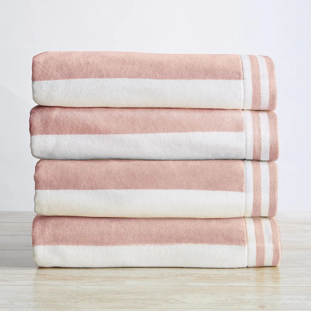Great Bay Home 100% Cotton Velour 4 Pack Beach Towels 30" x 60" - Pink/White Cabana Stripe Pool T... | Amazon (US)