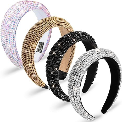 4 Pieces Padded Rhinestone Headband Diamond Crystal Beaded Wide Headband Bejewelled Hairband Glit... | Amazon (US)