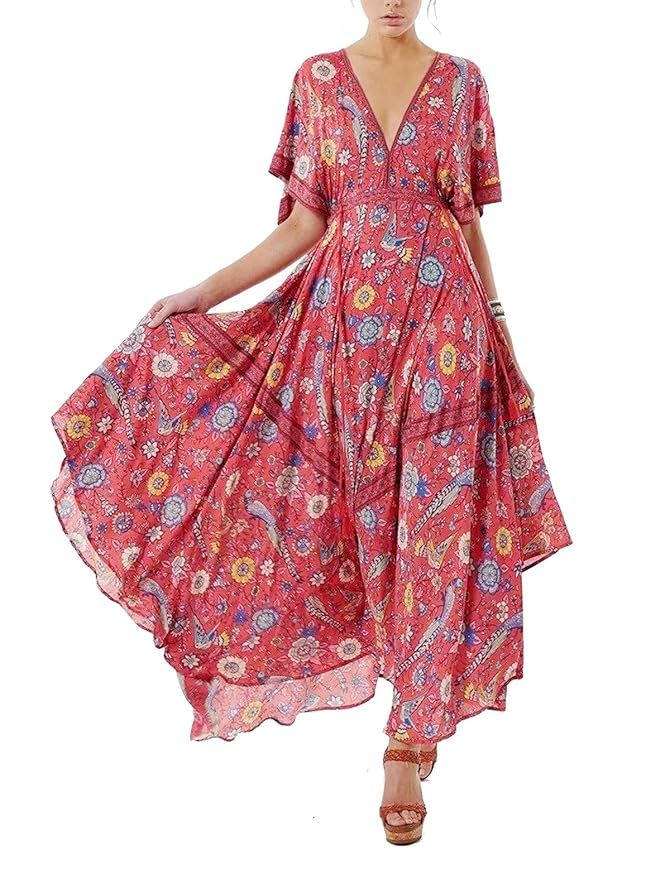 R.Vivimos Women Summer Print Deep V Neck Cotton Beach Long Dresses | Amazon (US)