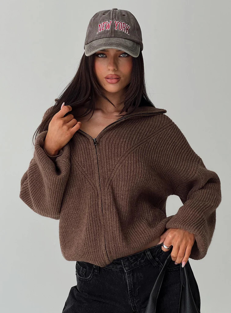 Hertford Zip Through Knit Sweater Brown | Princess Polly US