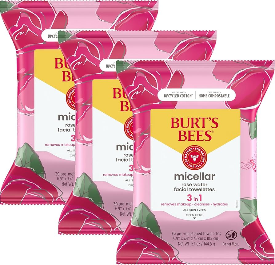 Burts Bees 3 in 1 Micellar Facial Cleanser and Makeup Remover Towelettes with Rose Water, Made wi... | Amazon (US)