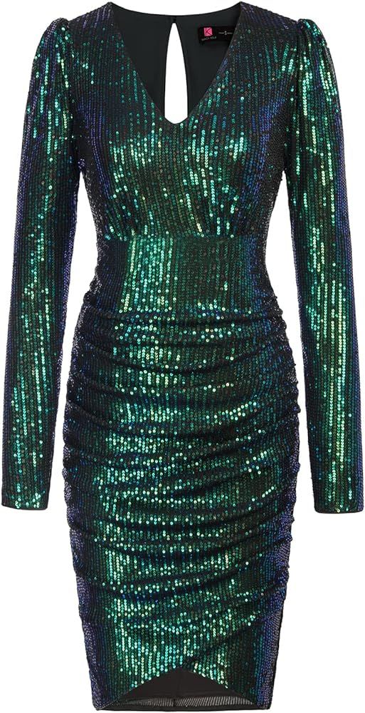 KANCY KOLE Women Sequin Party Dress V Neck Puff Long Sleeve Ruched Bodycon Glitter Dress for Wome... | Amazon (US)
